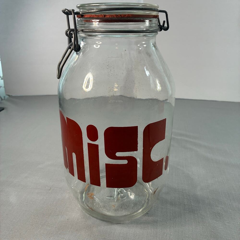 Vintage 3L Glass Storage Jar Clamp Lid Red Retro Graphic Kitchen Canister 11 In
